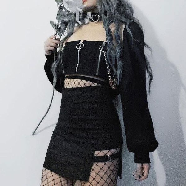 

women's t-shirt punk fashion women harajuku gothic chain zipper long sleeve crop tees casual streetwear grunge chic t shirt femme, White