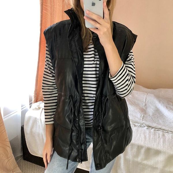 

women's vests lxcx casual women vest 2021fall/winter classic stand-up collar street style pure color slim drawstring cotton retro ladie, Black;white