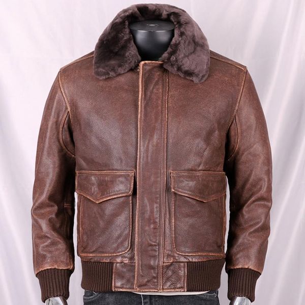 

men's leather & faux 2021 vintage brown military style a2 leatherjacket europe size genuine natural thick cowhide winter warm aviation, Black