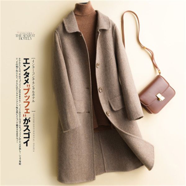

ariby high-quality double-sided cashmere women's long woolen new 100% pure wool twill thickened lapel jacket coat 201224, Black