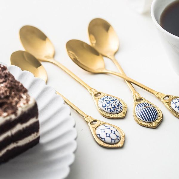 

spoons 4pcs golden stainless steel elegent spoon household snack coffee stir tea set tableware scoop porcelain christmas gift