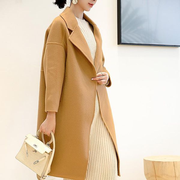 

women's wool & blends 2021 double-sided cashmere coat women's korean medium and long loose tweed 100% pure thickened, Black