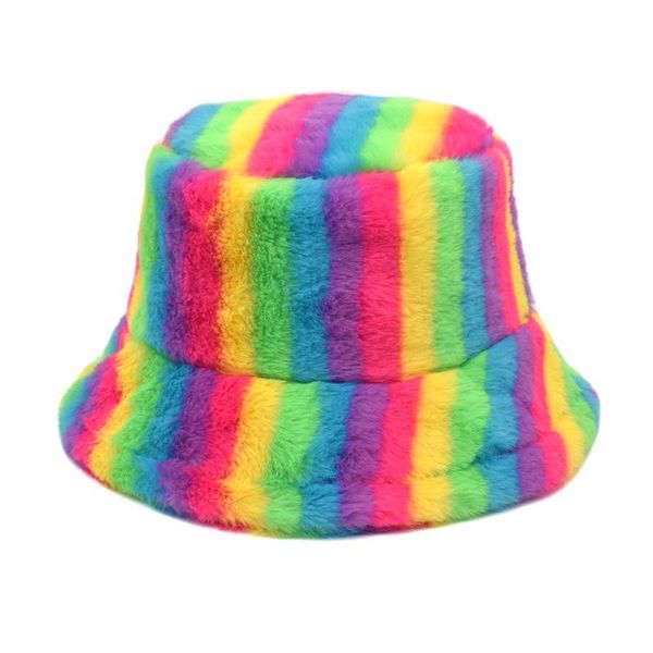 

wide brim hats autumn and winter fisherman hat female colorful rainbow striped warm pot plush imitation fur bucket women, Blue;gray