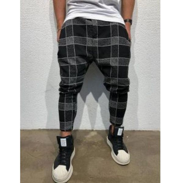 

men's pants 2021 leisure fitness checkered straight leg pencil tooling fashion harem personality jogging, Black