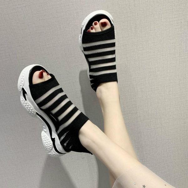 

summer fashion women shoes mesh casual sports sandals back strap thick bottom flat with shallow slip-on breathable solid, Black