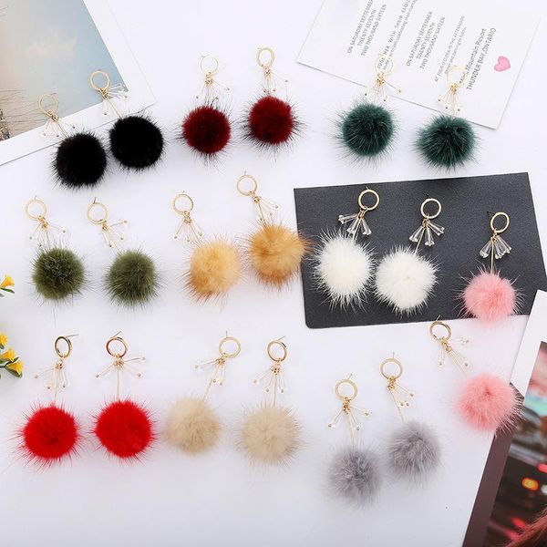 

dangle & chandelier gold color long style mink hair ball without piercing for women luxury fashion no hole earrings, Silver