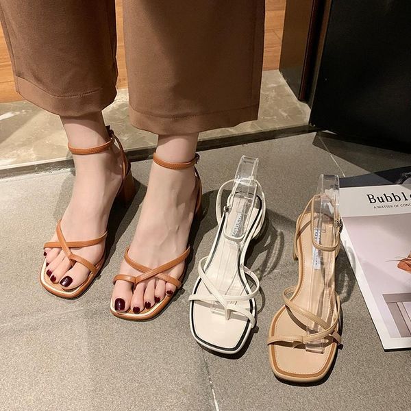 

sandals women lace up 2021 summer fashion ankle narrow band shoes brown rome cross strap high heels square toe, Black