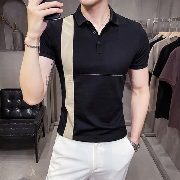 

summer short sleeve shirts mens polos color contrast casual business fit male formal social lapel tee 4xl, White;black