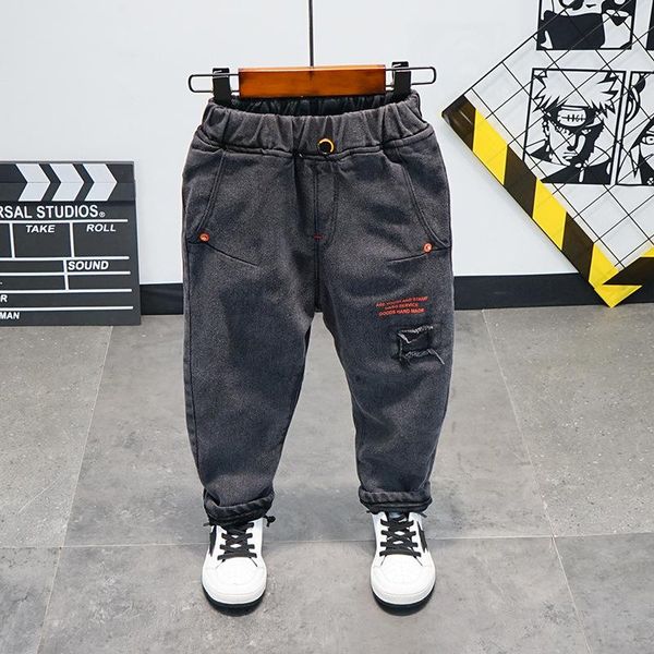 

baby boys velvet jeans 2021 winter kids fashion warm denim pants korean letter print hole thick trousers for boy 2-8 y, Blue