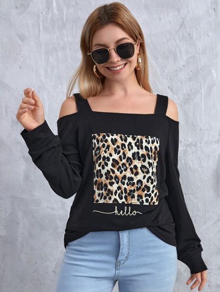 

leopard & letter graphic cold shoulder pullover i4iu#, White;black