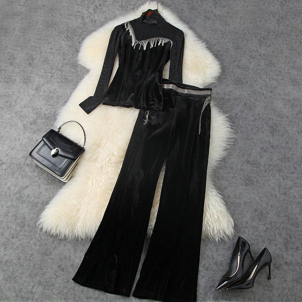 

women's two piece pants european and american women's wear winter style long-sleeved beaded tassel net t-shirt velvet trousers fas, White