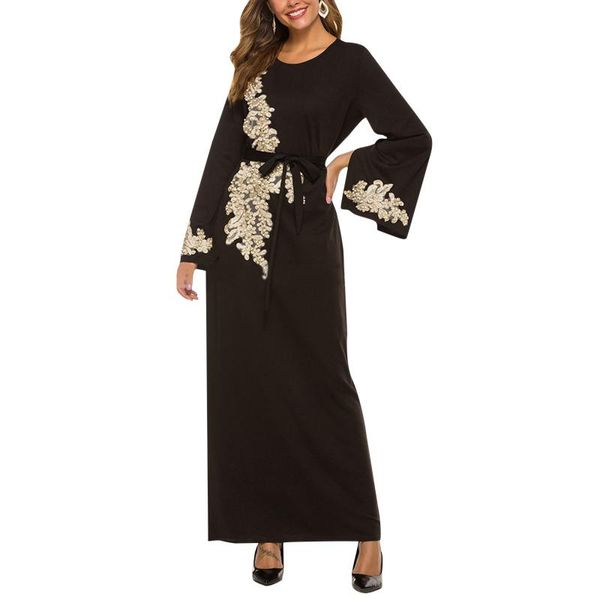 

women's dress kaftan embroidered fancy abaya evening gown muslim lace-up pleated maxi long robe femme vestidos #40 casual dresses, Black;gray