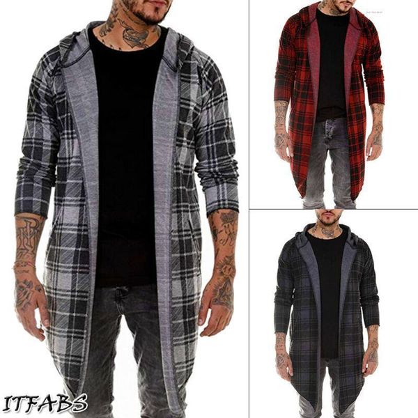 

mens plaid coat open stitch cardigan long sleeve hooded with nood loose casual jacket coat long length, Black;brown