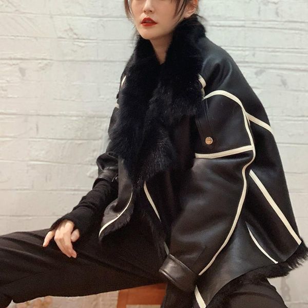 

women's fur & faux 2021 arrival tuscany sheepskin long cashmere stitching korean edition oversize coat, Black
