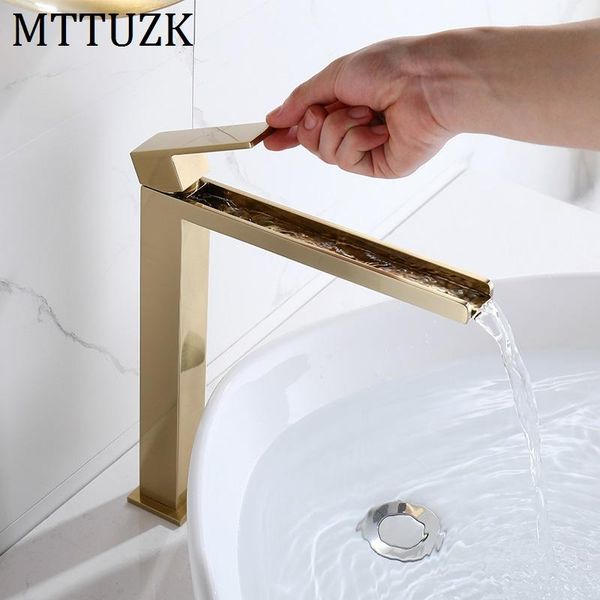 

bathroom sink faucets mttuzk faucet solid brass brshed gold waterfall square basin cold and water mixer tap