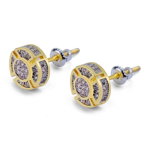 

round hiphop ear stud earrings inlaid zircon men gold plated earring fashion hip hop jewelry, Golden;silver
