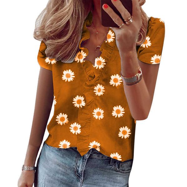 

womens and blouses streetwear floral print v-neck short sleeve women shirts plus size office blouse femme 210608, White