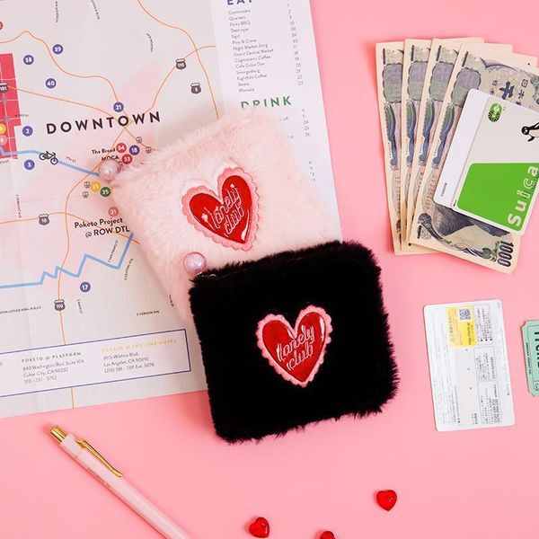 

heart pearl women wallet leather short plush zipper purse credit card money holder cartoon lovely girl organizer wallets, Red;black