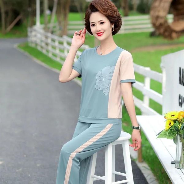 

mom classy summer two piece fashion o-neck embroidery short sleeves ankle-length pant casual loose cotton plus size sets women's pants, White