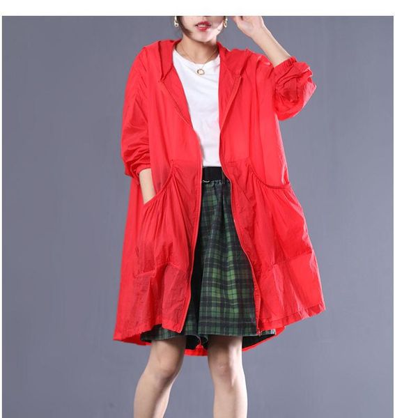 

women's trench coats fairynatural summer autumn women plus size loose sunscreen coat zipper casual female hooded 2021, Tan;black