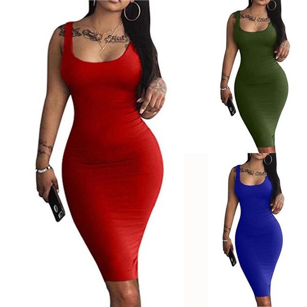 

casual dresses women's solid color dress slim fit hip sleeveless square neck vest summer elegant lady vestidos longue, Black;gray