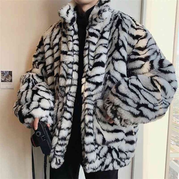 

winter boyfriend style faux fur tiger pattern coat jacket fashion loose warm streetwear thicken outwear oversize 210519, Black