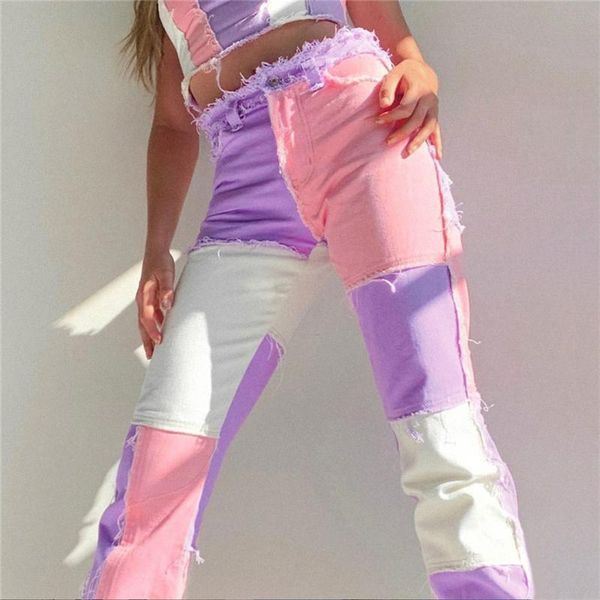 

women's jeans fashion women high waist street wear hip hop straight trousers patchwork design button casual female pants, Blue