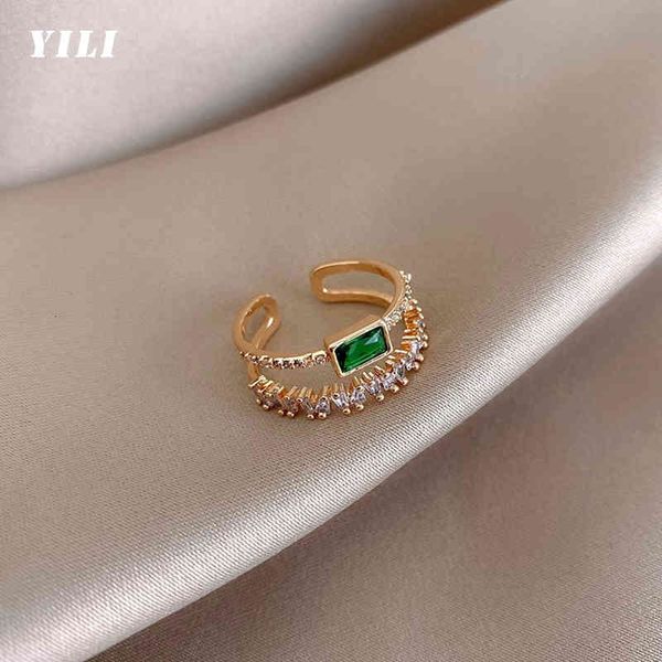 

love ring 2021 luxury green crystal open s fashion adjustable double-layer opening for girls anniversary party woman jewelry, Slivery;golden