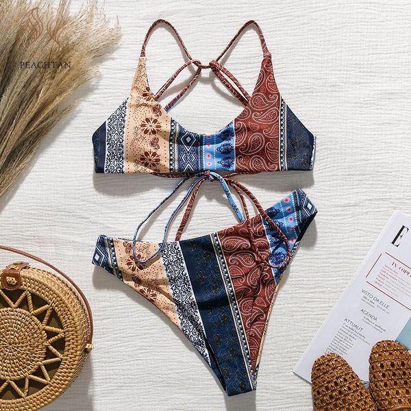 

bikinis set peachtan vintage print bikini 2021 two piece suit high waist swimwear women bathers bandage swimsuit female push up bathing