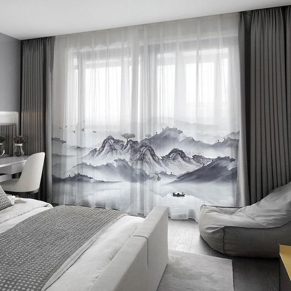 

chinese style 5d digital printed desgin window screen chiffon fabric for living room studyroom white tulle ag 439#4 curtain & drapes