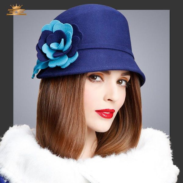 

stingy brim hats autumn winter 100% wool fedoras hat lady protect ear warm flower woolen cap floppy girls churh party b-7482, Blue;gray
