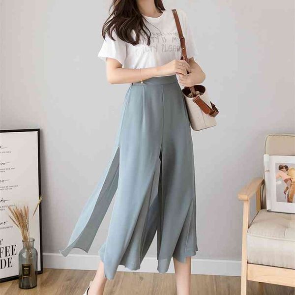 

fashion summer hakama high waist loose wide-leg chiffon nine-point casual ladies bohemian skirt pants 210507, Black;white