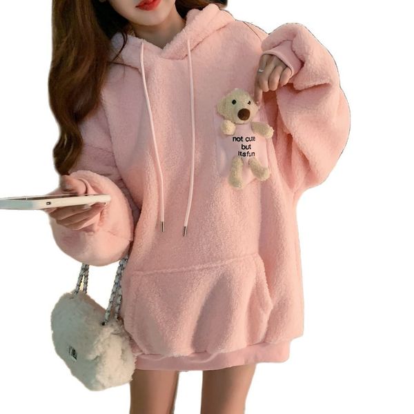 

women's jackets urso, blusa de retalhos com capuz, moletom feminino, rosa, bonito, outono, moda coreana, fleece, quente, bolso, roupas, Black;brown