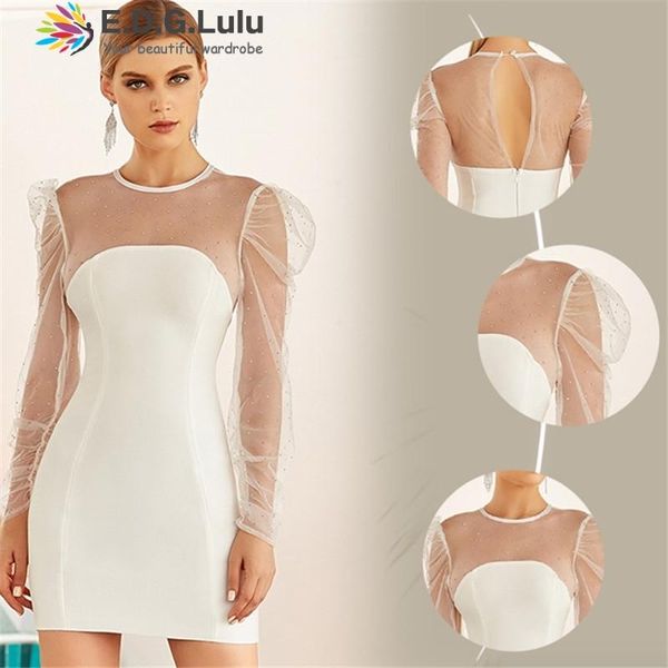 

casual dresses edglulu see through o-neck puff sleeve elegant bodycon bandage mini party night club dress 2021 1125, Black;gray