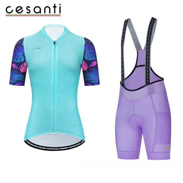 

cesanti 2021 summer women cycling jersey and bib shorts sets gel pad cool silky bicycle clothes with rubber non-slip pockets racing, Black;blue