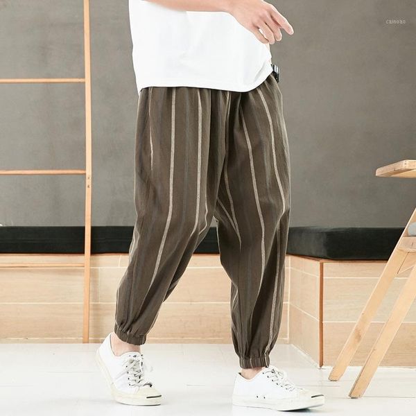 

ropa de hombre 2021 summer chinese style striped cotton linen cropped pants youth large size loose beam feet trousers men's, Black
