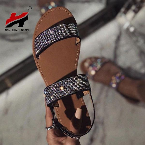 

mountain 2021 women's sandals summer rhinestone slippers open toe plus size sandal beach slides women shoes, Black