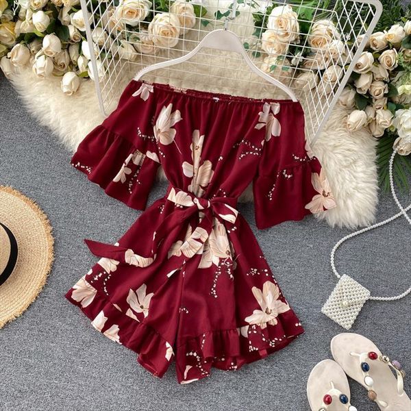 

ruffles boho off shoulder women jumpsuits floral print bandage short summer casual playsuit beach holiday romper, Black;white