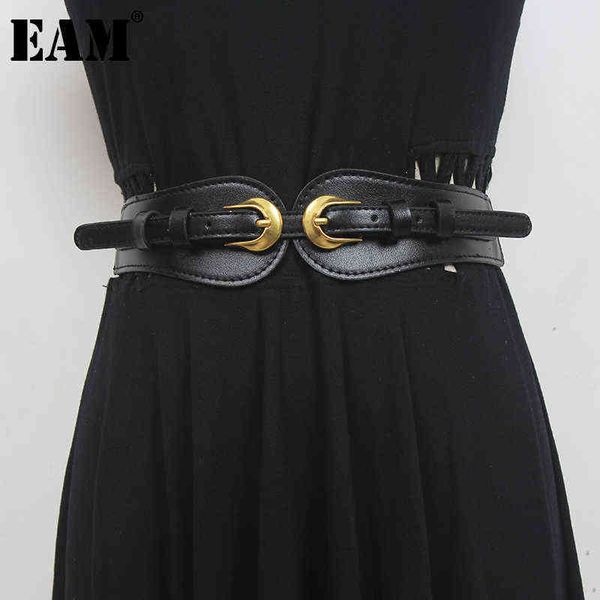 

[eam] pu leather black dobule buckle wide ealstic belt personality women new fashion tide all-match spring autumn 2022 1de1922 aa220312, Black;brown