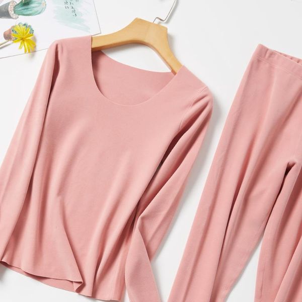 

women's denim traceless thermal underwear set double-sided frosted heat slim low crew neck bottoming shirt tracksuits, Gray