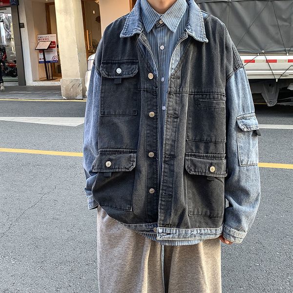 

false two-piece denim male jacket stitch contrast trend fried loose lapel couple outfit, Black;brown