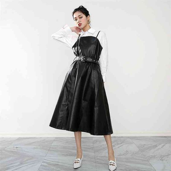 

[eam] women black pu leather long spaghetti strap dress new v-neck sleeveless loose fit fashion tide spring autumn jd03201 210331, Black;gray