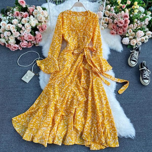 

boho maxi wrap floral ruffle women dress v neck chiffon long sleeve beach dresses for party vintage yellow, Black;gray