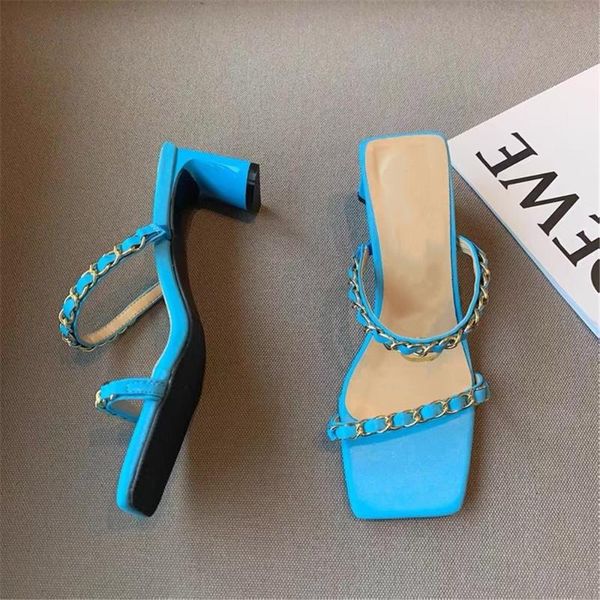 

dress shoes fashion sandals 2021 metal chain t-strap low heel slides square head slip on party pumps outdoor flip flops, Black