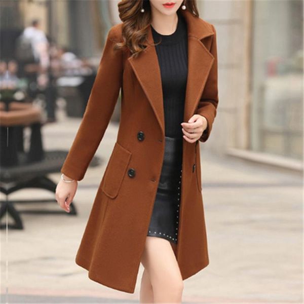 

women's wool & blends long slim blend outerwear women overcoat coat double breasted autumn winter jacket clothes elegant, Black