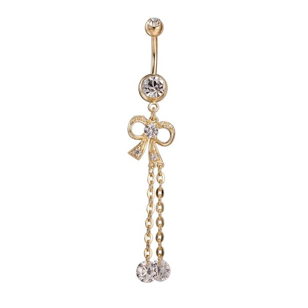 

bowknot ribbon shape gold surgical steel belly button rings dangle navel piercing ring rhinestone body jewelry, Silver