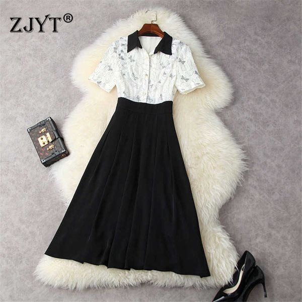 

summer short sleeve sequined lace patchwork contrast color midi dress women elegant designer empire aline office party vestidos 210601, Black;gray