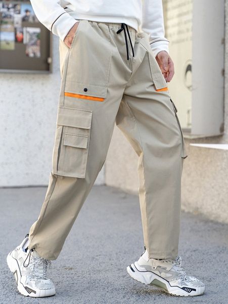 

men drawstring waist contrast tape cargo pants k9qp#, Black