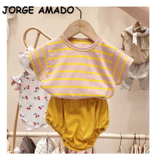 

summer baby girls boys 2-pcs sets striped t-shirt + solid color shorts children fashion clothes e89 210610, White