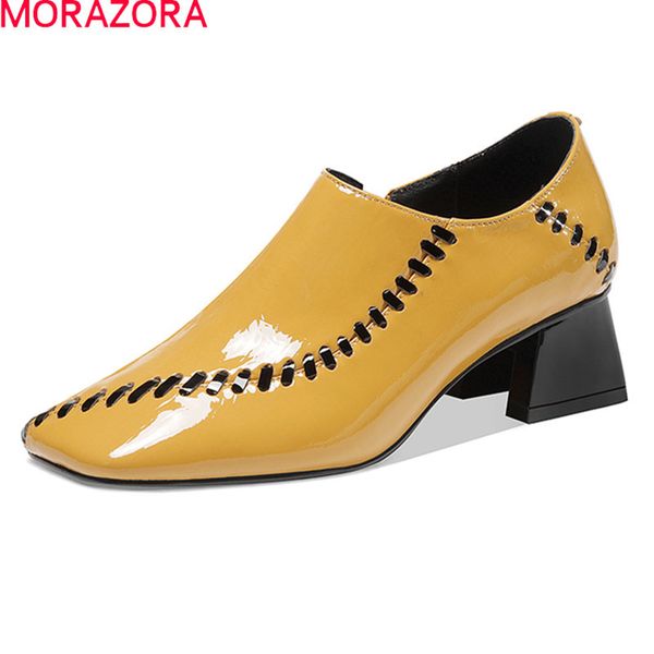 

morazora patent genuine leather pumps women thick heels square toe ladies office dress shoes spring autumn single shoes 210506, Black